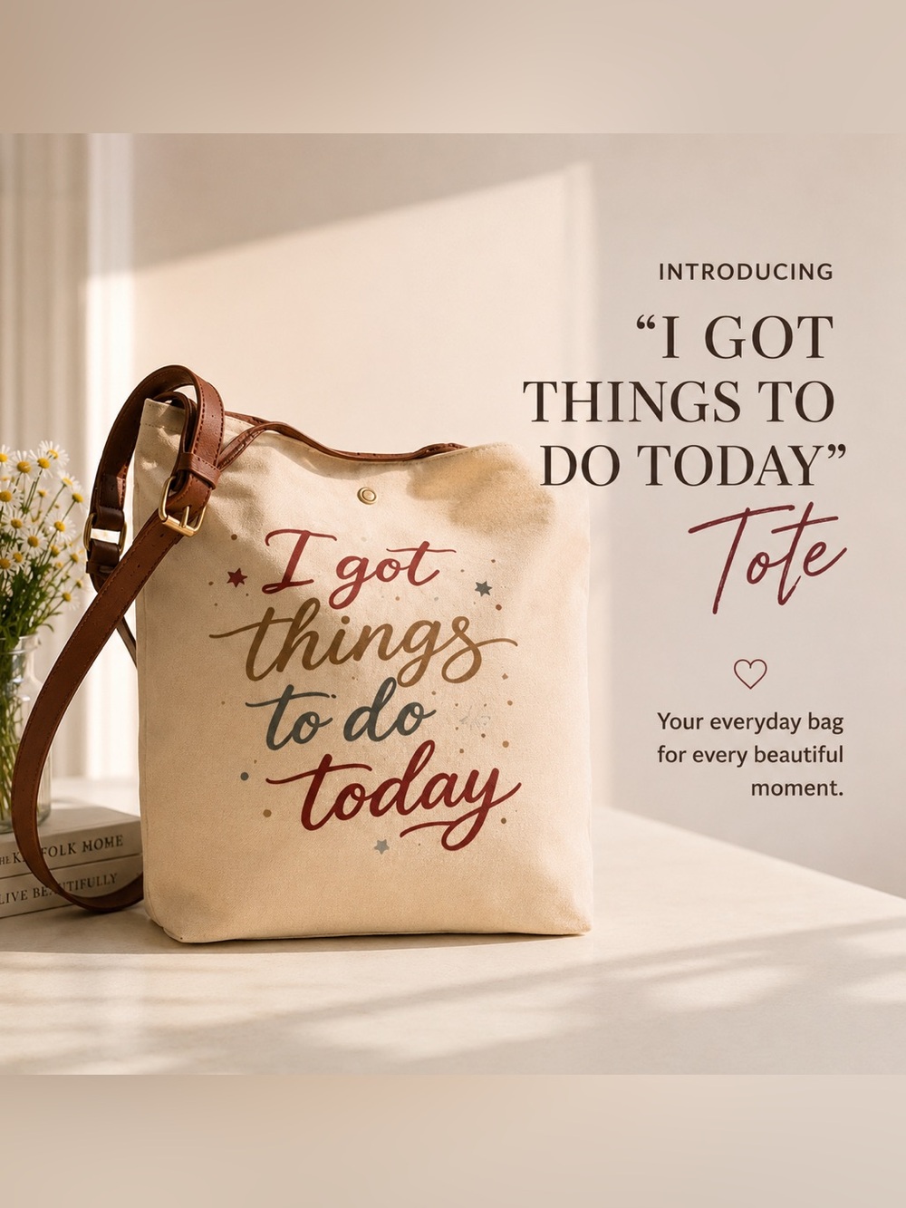 Brown Neutral ItalianCanvas Tote with Brown Leather Straps - "I Got Things to Do - Picture 7 of 15